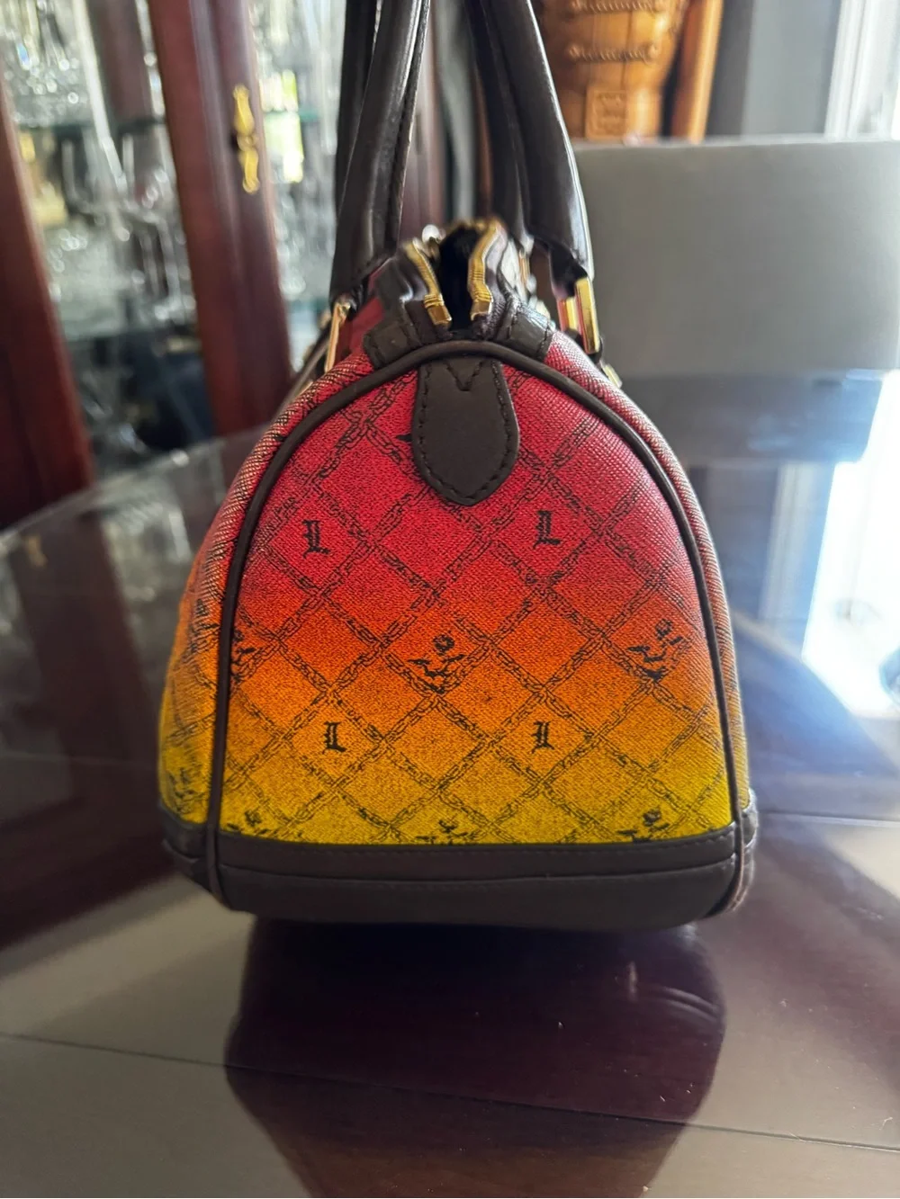 L.A.M.B. Gradient Red-Orange-Yellow Satchel with Brown Trim